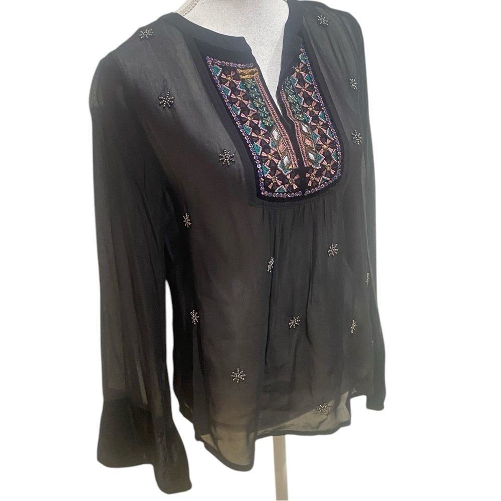 Velvet sheer black beaded embroidered split neck bell sleeve velvet cuff small - Picture 3 of 10